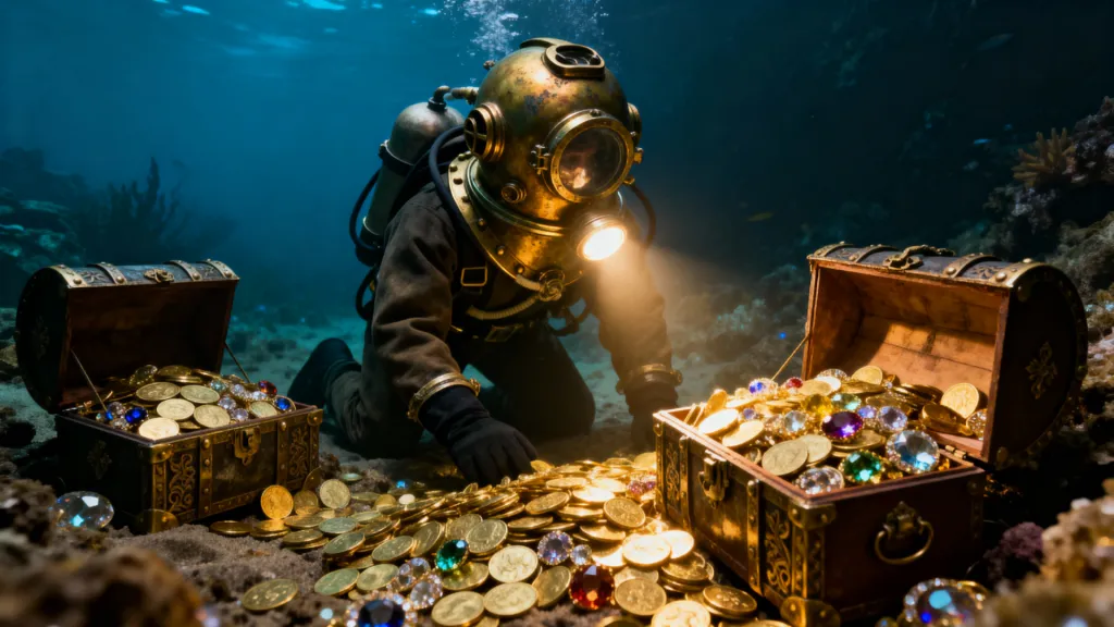 Image shows a deep sea diver looking at treasure in a chest. Maybe its thier commercial diver salary.